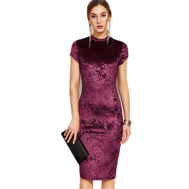 COLROVIE Burgundy Velvet Bodycon Midi Dress