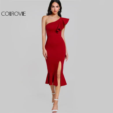 COLROVIE Slit Fishtail Summer Party Dress Burgundy