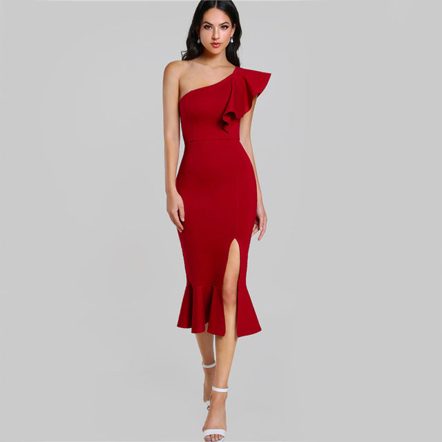 COLROVIE Slit Fishtail Summer Party Dress Burgundy