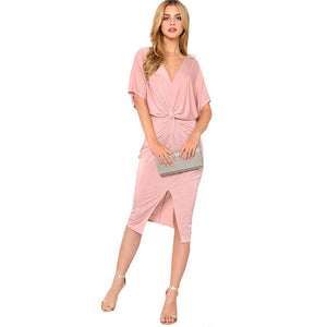 Sheinside Pink V-Neck Twist Front Dress Plain V Neck