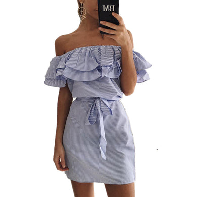 Women'S Stripe Mini Dress Casual Sexy Slash Neck Ruffles