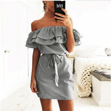 Women'S Stripe Mini Dress Casual Sexy Slash Neck Ruffles