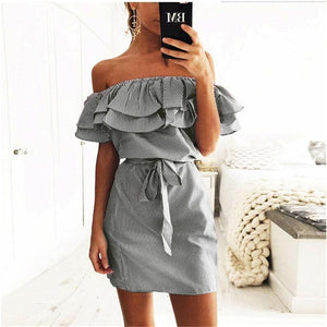 Women'S Stripe Mini Dress Casual Sexy Slash Neck Ruffles