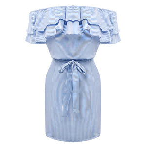 Women'S Stripe Mini Dress Casual Sexy Slash Neck Ruffles
