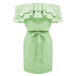 Women'S Stripe Mini Dress Casual Sexy Slash Neck Ruffles