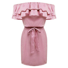 Women'S Stripe Mini Dress Casual Sexy Slash Neck Ruffles