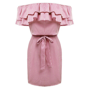 Women'S Stripe Mini Dress Casual Sexy Slash Neck Ruffles