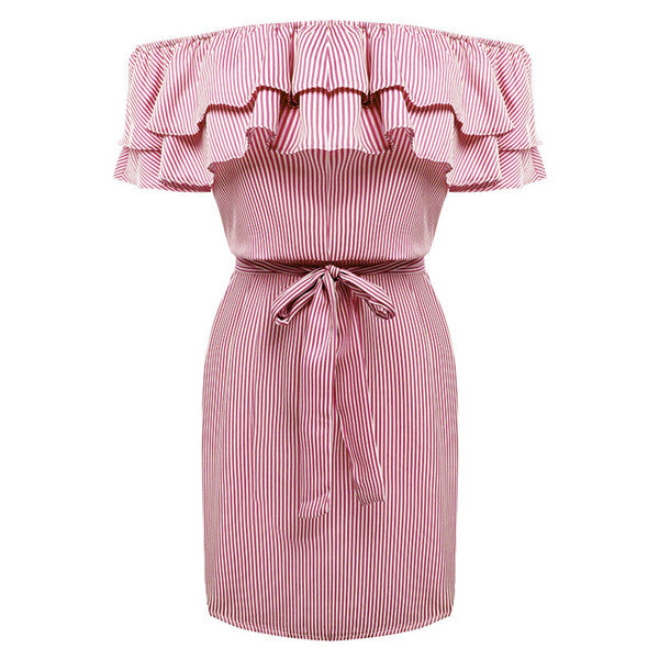 Women'S Stripe Mini Dress Casual Sexy Slash Neck Ruffles