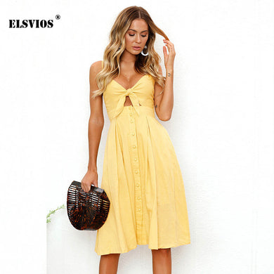 ELSVIOS 2018 Sexy Deep V-Neck Bow Dress Spaghetti