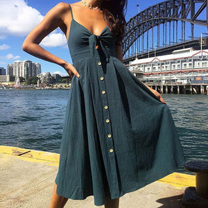 ELSVIOS 2018 Sexy Deep V-Neck Bow Dress Spaghetti