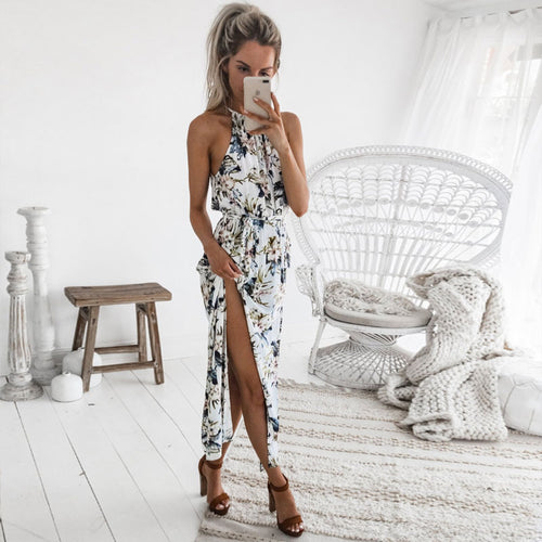 DeRuiLaDy 2018 Boho Floral Print Straps Long Dress