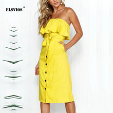 Casual Solid Ruffles Strapless Dress Female Buttons