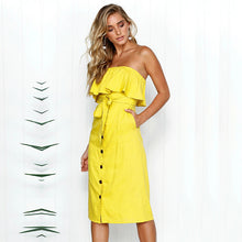 Casual Solid Ruffles Strapless Dress Female Buttons