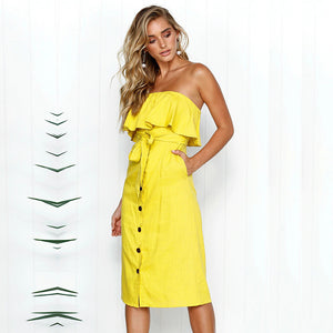 Casual Solid Ruffles Strapless Dress Female Buttons