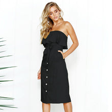 Casual Solid Ruffles Strapless Dress Female Buttons