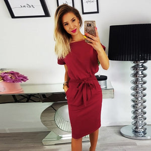 ELSVIOS O-Neckl Solid Slim Dress Summer Female