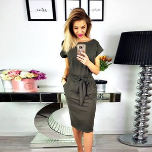 ELSVIOS O-Neckl Solid Slim Dress Summer Female